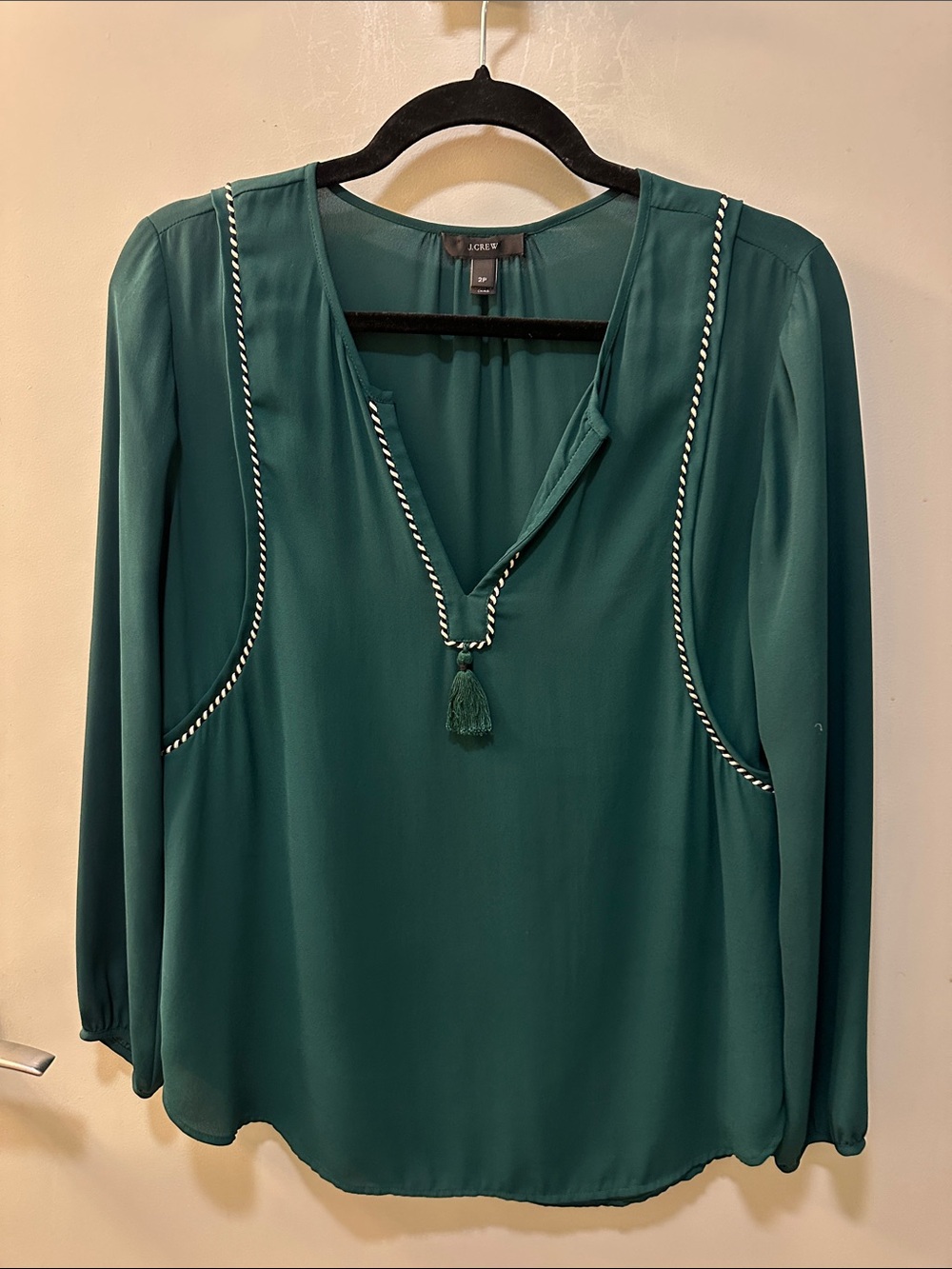 J. Crew Teal Green Tassel V-Neck Blouse with Braided Trim